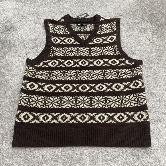 Only NY Vest Pullover Sweater Mens XL Brown Fair Isle V-Neck Wool Blend Knit NWT